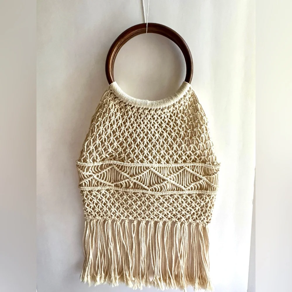 Macrame Crochet Handbag Woven Purse Wood Ring Handles Fringe Boho Bag NEW